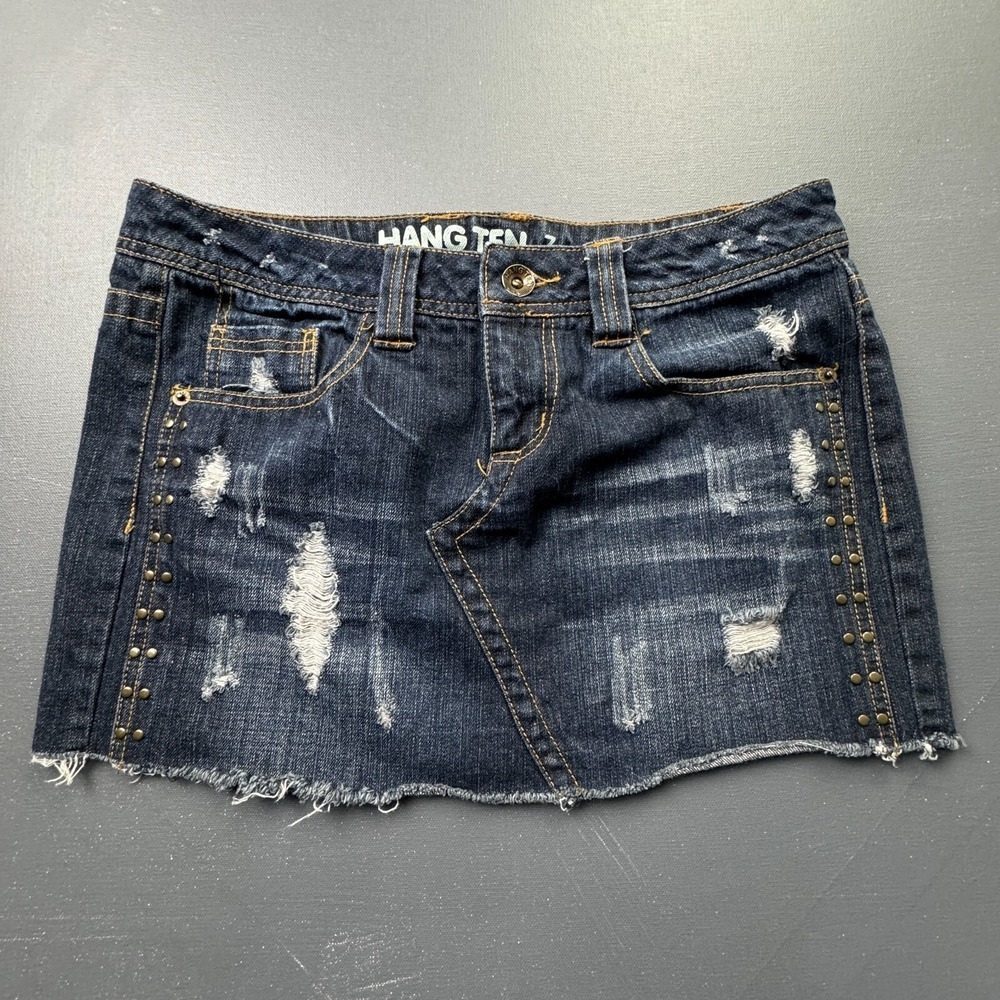Hang Ten Girls Size 7 Blue Denim Mini Skirt Raw Hem Studded Dark Wash Y2K Casual